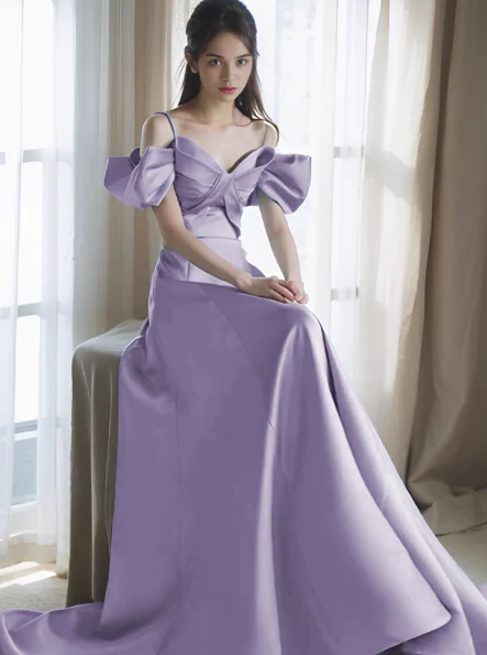 Elegant Off-the-shoulder A-Line Satin Long Prom Dresses, Lavender Formal Evening Gowns DP3066 - Deanwangkt