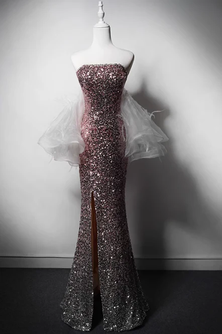 Modest Pink Mermaid Evening Gowns Strapless Slit Long Prom Dress Sparkly Sequins Graduation Dress DH2743 - Deanwangkt