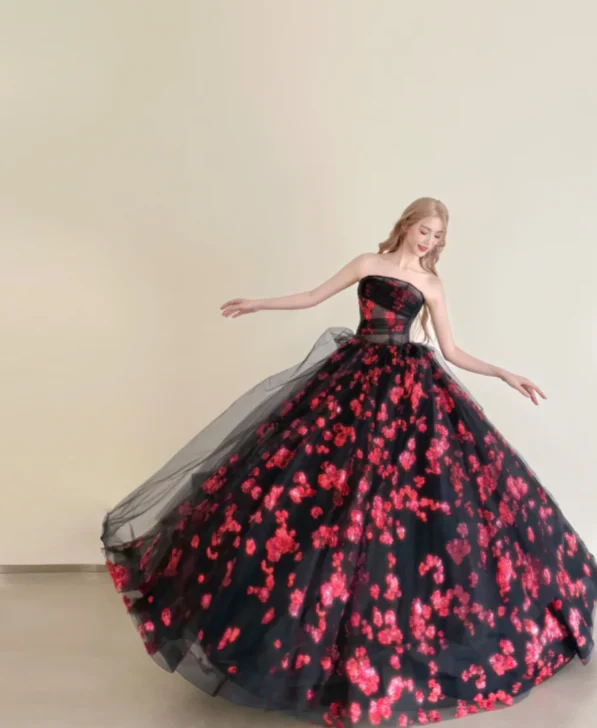 Fairy Ball Gown Black Long Prom Dresses Strapless Tulle Sleeveless Black Quinceanera Dresses Sweet 16 Dress DP3821 - Deanwangkt