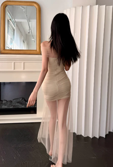 Sexy Off-the-shoulder Sheath Tulle Long Prom Dresses, Light Champagne Formal Evening Dresses DP3133 - Deanwangkt