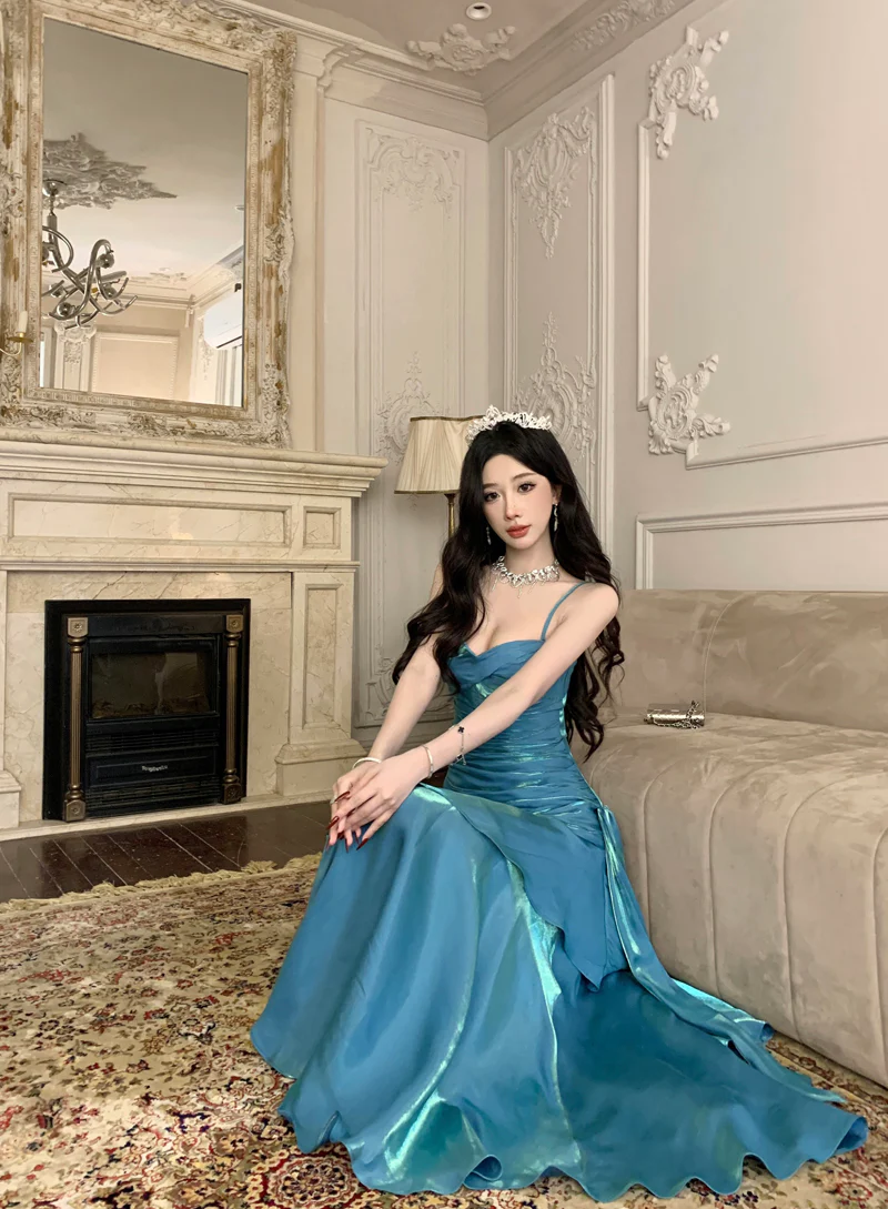 Pretty Mermaid Spaghetti Straps Sleeveless Blue Prom Gown Long Evening Dress Prom Dresses DP229 - Deanwangkt
