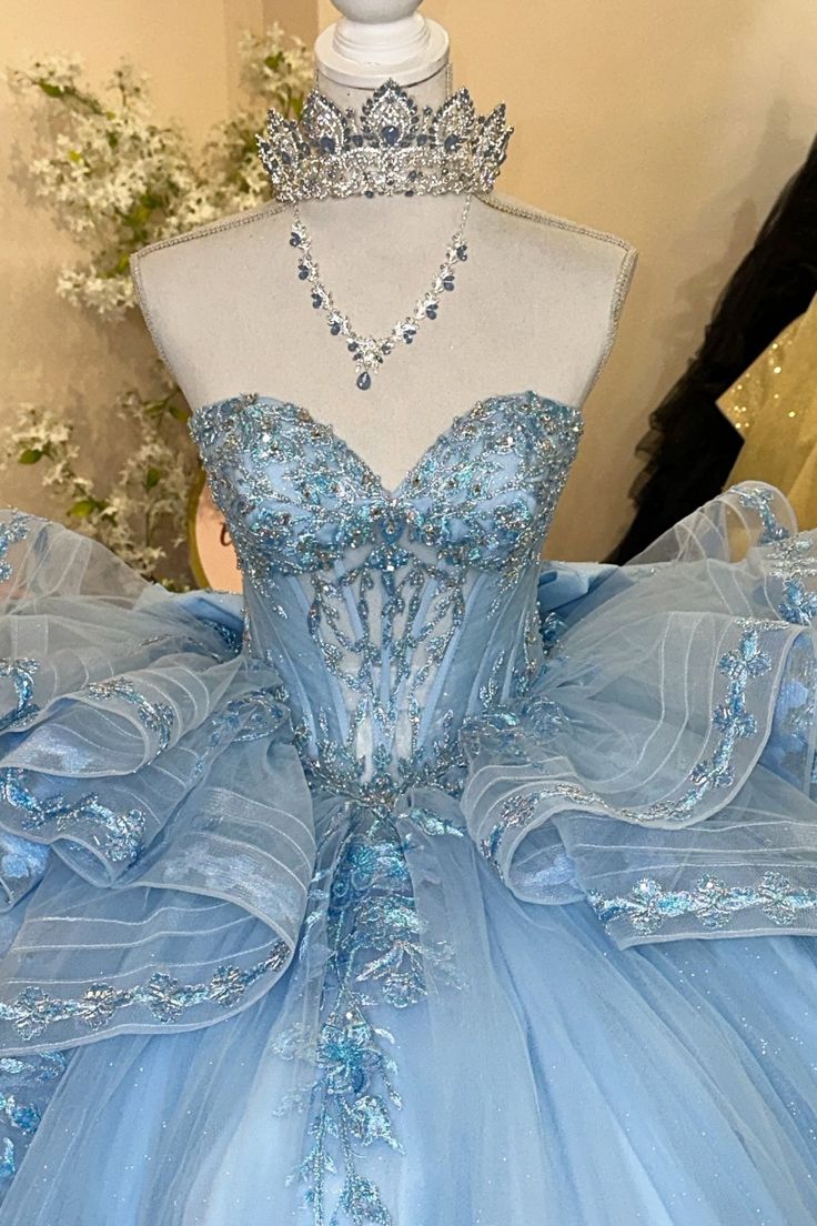Fairy Sweetheart Neck Ball Gown Long Prom Dresses Tulle Applique Blue Quinceanera Dresses Sweet 16 Dresses DP3690 - Deanwangkt