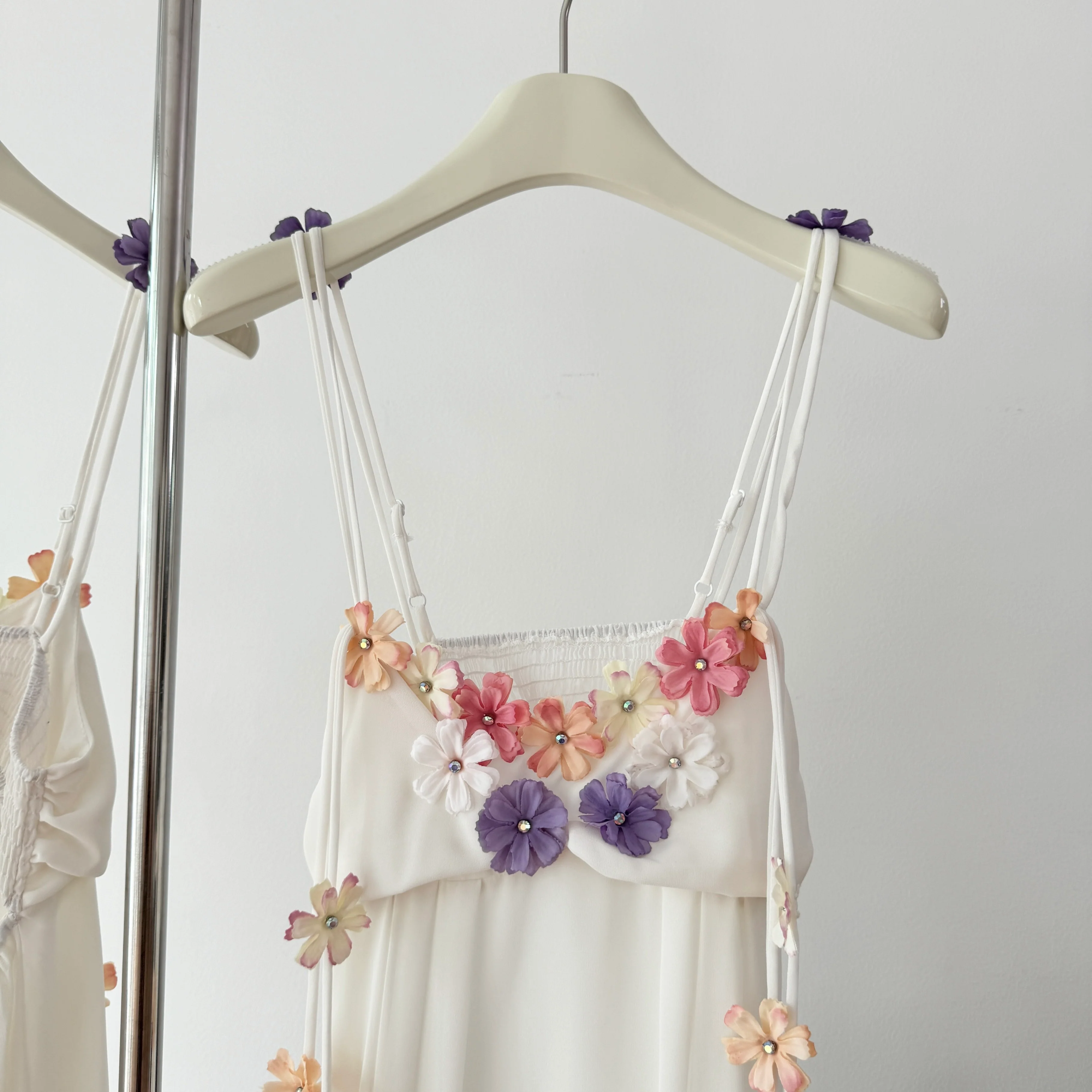 Cute A Line Spaghetti Straps Floral White Chiffon Summer Dress Holiday Party Outfits For Women DP0129 - Deanwangkt