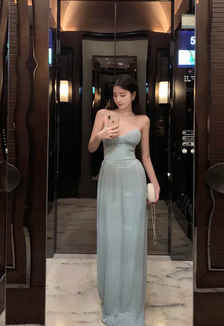 Sexy Sheath Evening Dresses, Chiffon Pleated Formal Dresses Blue Sleeveless Guest Dresses DP2993 - Deanwangkt