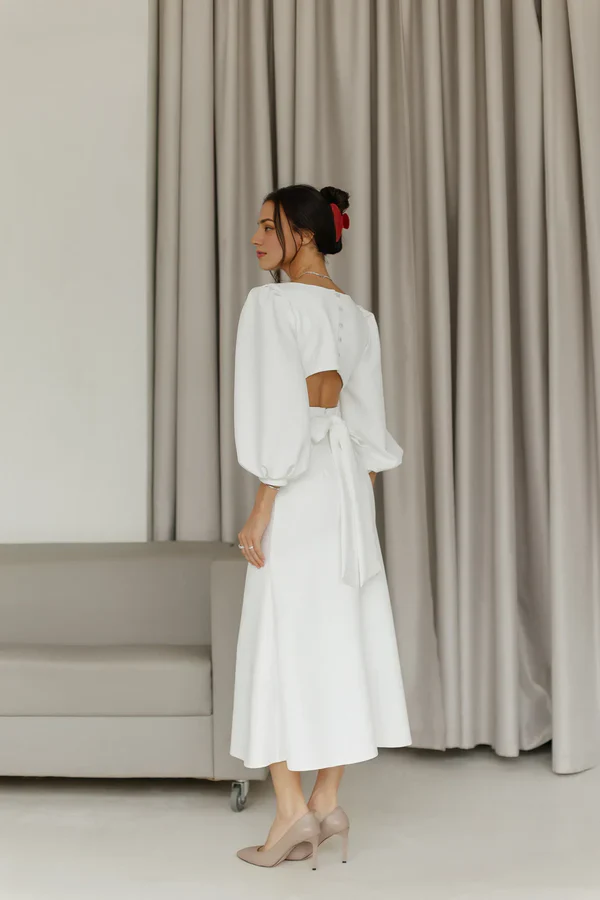 Classy Elegant White Puff Short Sleeves Backless White Midi Dress Wedding Guest Dress Prom Dresses DP256 - Deanwangkt