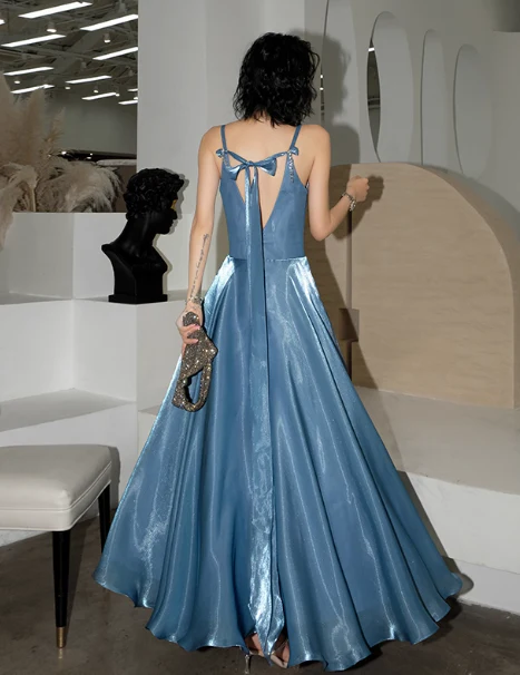 Elegant V-neck A-Line Satin Long Prom Dresses Gray Blue Formal Evening Dresses DP2979 - Deanwangkt