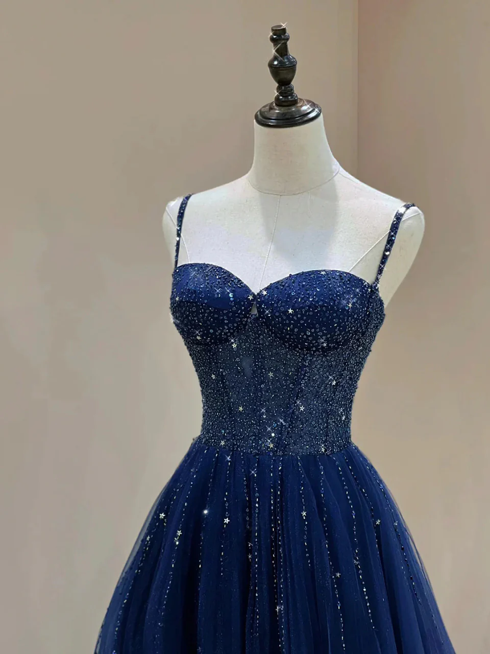 Pretty Navy Blue Spaghetti Straps Tulle Beading Prom Dress Evening Dresses DP303 - Deanwangkt