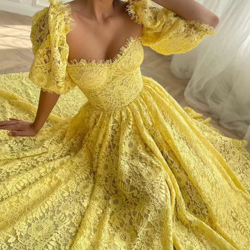 Elegant A line Sweetheart Lace Yellow Sleeveless Long Evening Party Gowns Evening Formal Dresses Prom Dress W957 - Deanwangkt