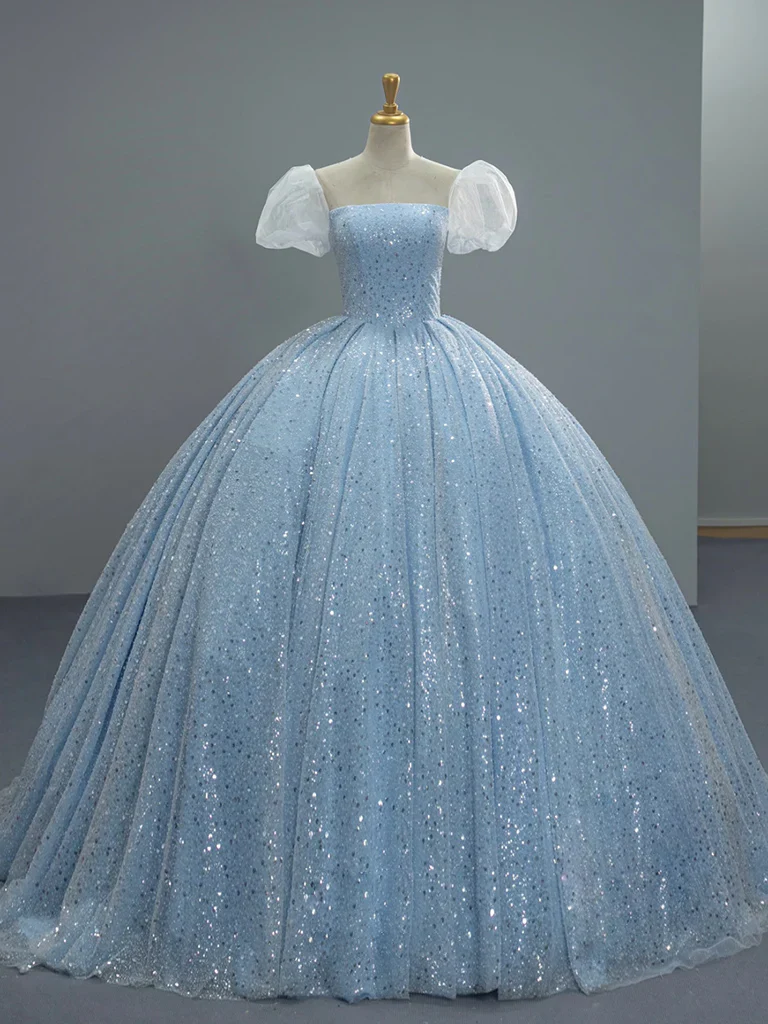 Cute A-Line Puff Sleeves Tulle Sequin Long Prom Dress, Blue Quinceanera Dresses Sweet 16 Dress DP3153 - Deanwangkt