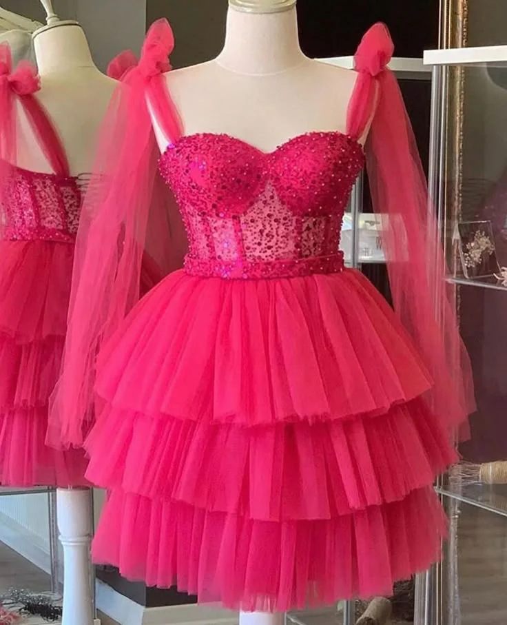 Modest Ball Gown Straps Hot Pink Tulle Formal Homecoming Dresses 8th Grad Dance Graduation Dress Short Hoco Dresses DH2593 - Deanwangkt