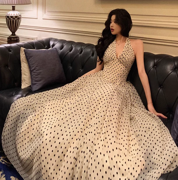 Sexy A line Halter Polka Dot Halter Neck 18th Birthday Dress Long Party Birthday Outfits For Women DP0160 - Deanwangkt