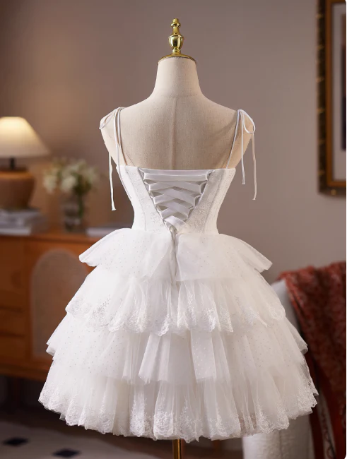 Simple Spaghetti Strap Tulle Lace Wedding Dresses White Short Bridal Gowns DP3184 - Deanwangkt