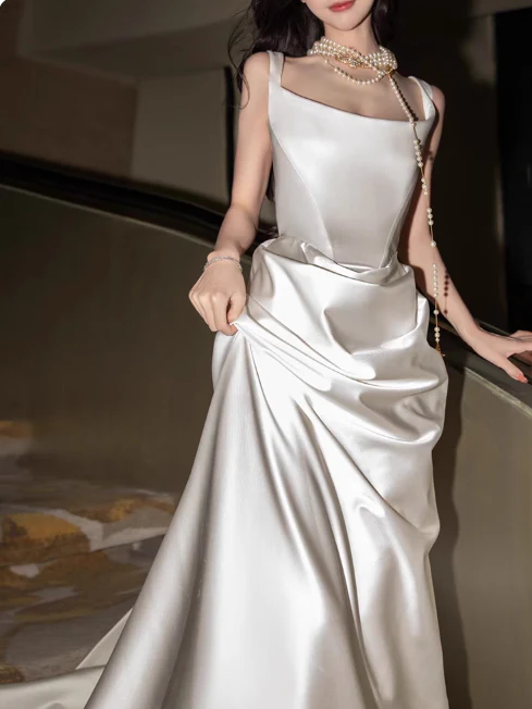 Modest Sheath Square Neck Long Evening Gowns White Satin Special Formal Dresses Prom Dresses DP2775 - Deanwangkt