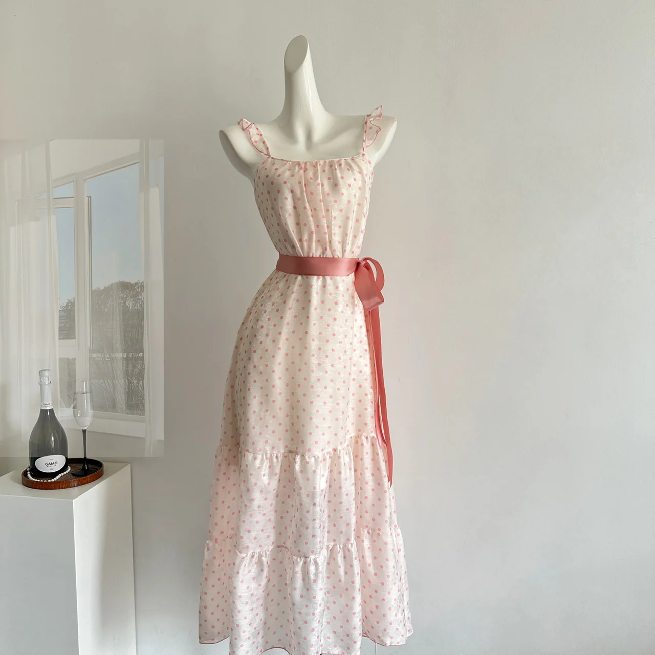 Sexy A line Square Neckline Pink Summer Polka Dots Dress Holiday Party Outfits For Women DP0110 - Deanwangkt