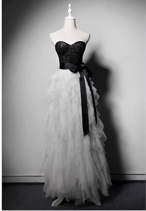 Fashion Black/Gray Long Ball Gown Tiered Tulle Evening Gown Modest Formal Dress Cute 18th Birthday Outfit DH2748 - Deanwangkt