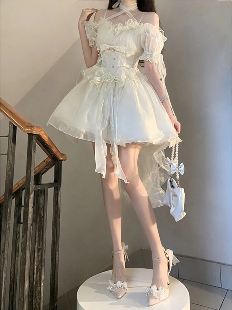 Vintage High Low Off The Shoulder Short Sleeves 18th White Birthday Dress Lolita Summer Dress Birthday Outfits W1011 - Deanwangkt