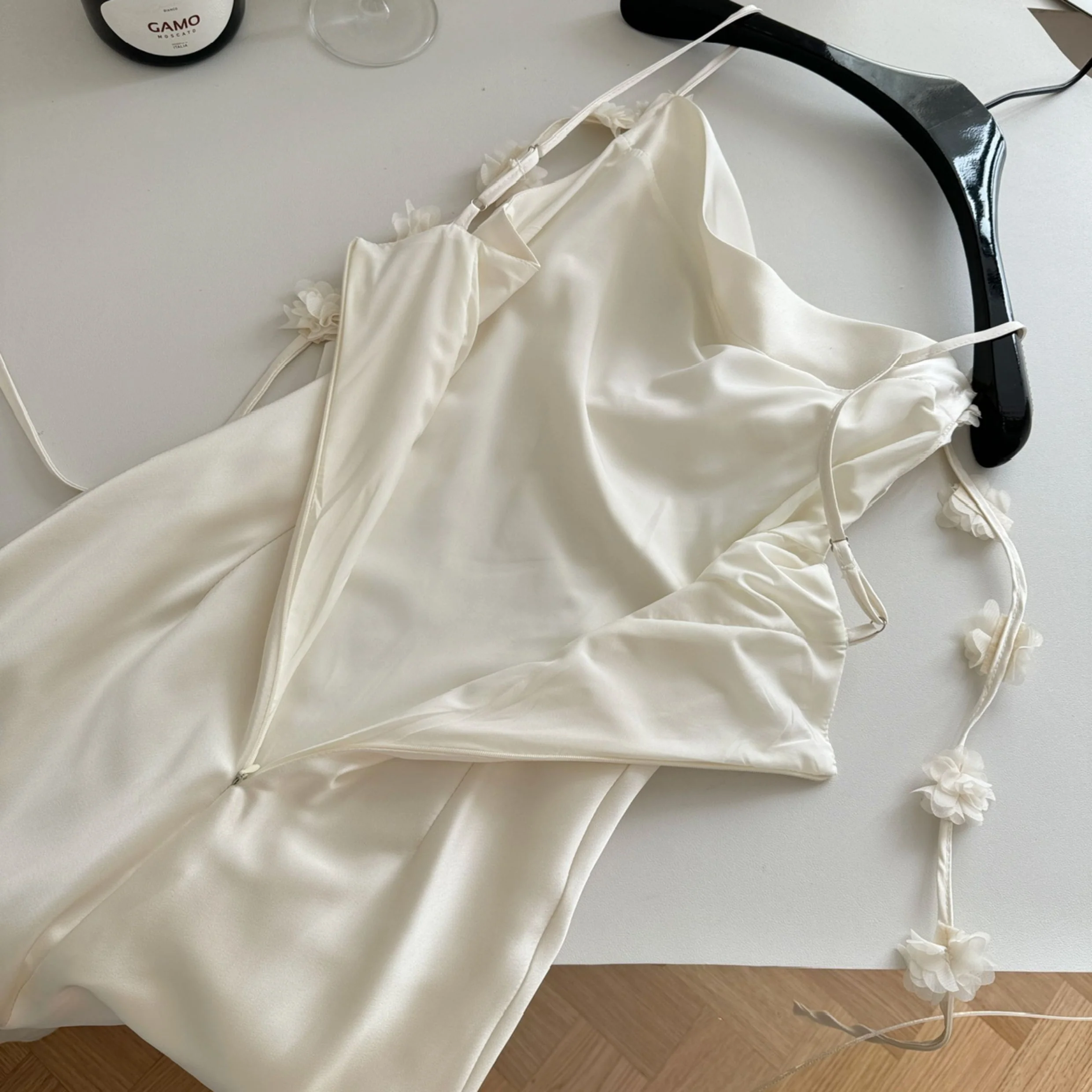 Cute A line Spaghetti Straps Champagne Floral Long Satin Summer Dress For Women DP0009 - Deanwangkt