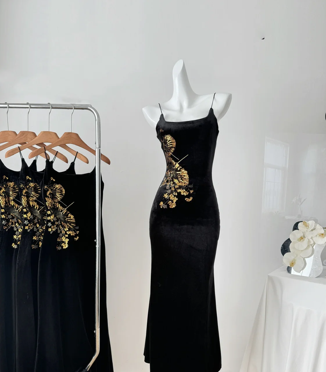 Sexy Mermaid Spaghetti Straps Black Velvet Long Summer Dress For Women DP0027 - Deanwangkt