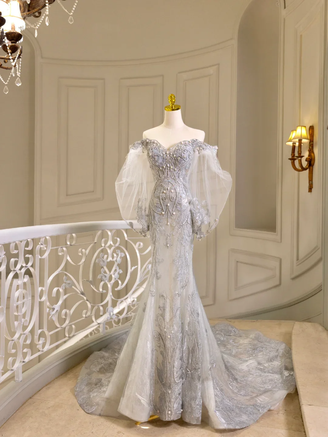 Princess Bridal Dress Mermaid Off The Shoulder Lace Tulle Wedding Dress With Long Sleeves Wedding Dresses Modest Wedding Gowns DH1564 - Deanwangkt