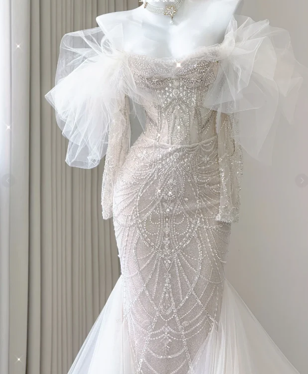 Elegant Mermaid Off The Shoulder Sequin Long Sleeves Wedding Dresses Brides Dress P0008 - Deanwangkt