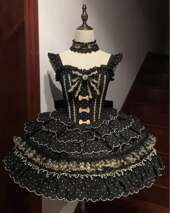 Gorgeous Strapless Ball Gown Polka Dot Short Prom Dresses Black Birthday Outfit Sleeveless Lolita Dresses DP3271 - Deanwangkt