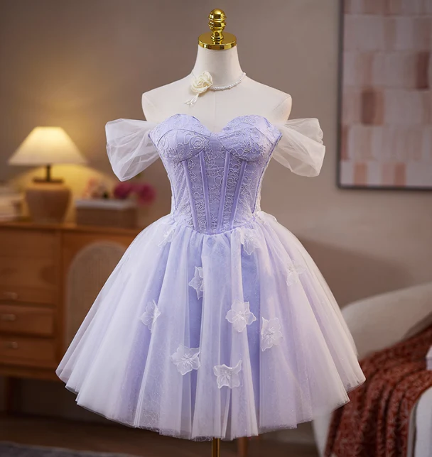 Sweet Off-the-shoulder A-Line Tulle Short Prom Dresses, Purple Homecoming Dresses DP3126 - Deanwangkt