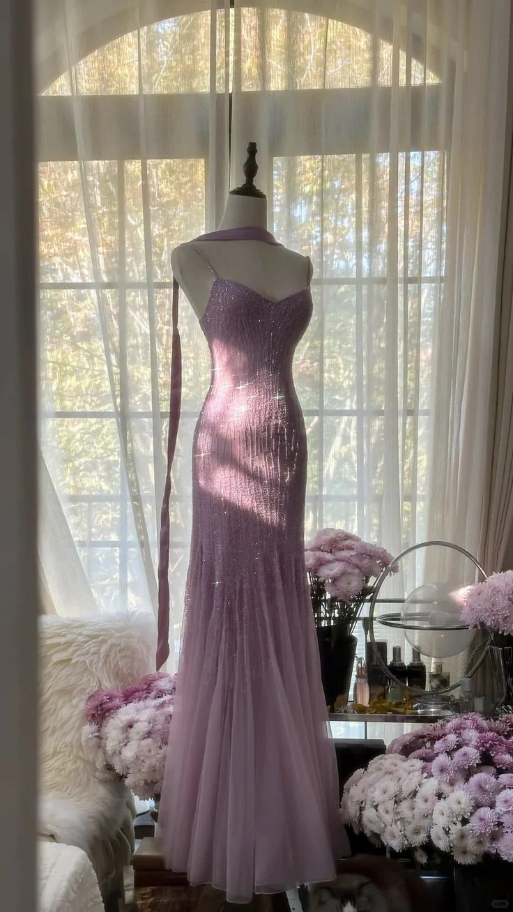 Sexy Mermaid Spaghetti Straps Purple Elegant Tulle Sequin Prom Dresses P0001 - Deanwangkt