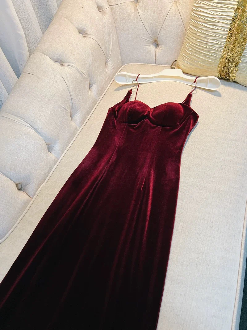 Elegant Sheath Spaghetti Straps Burgundy Velvet Sleeveless Long Evening Party Gowns Evening Formal Dresses Prom Dress W950 - Deanwangkt