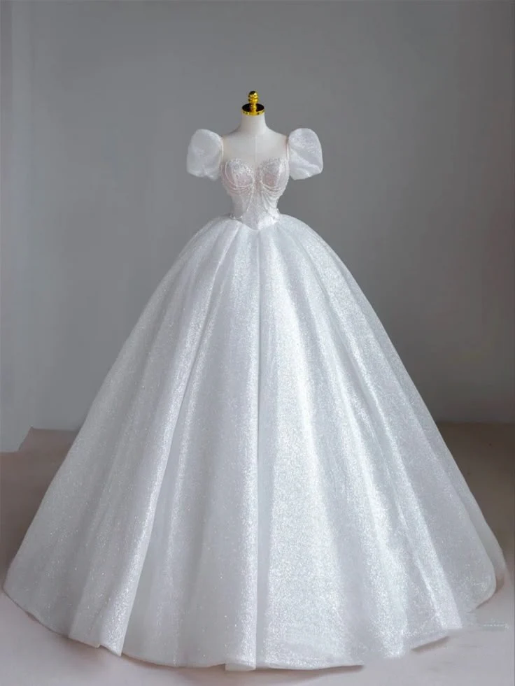 Timeless Bridal Dress Ball Gown Sweetheart Short Sleeves Sequin White Wedding Dresses Elegant Bridal Gowns DH920 - Deanwangkt