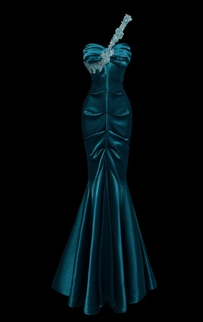 Chic One Shoulder Mermaid Wedding Guest Dress, Satin Dark Teal Long Prom Dresses DP3232 - Deanwangkt