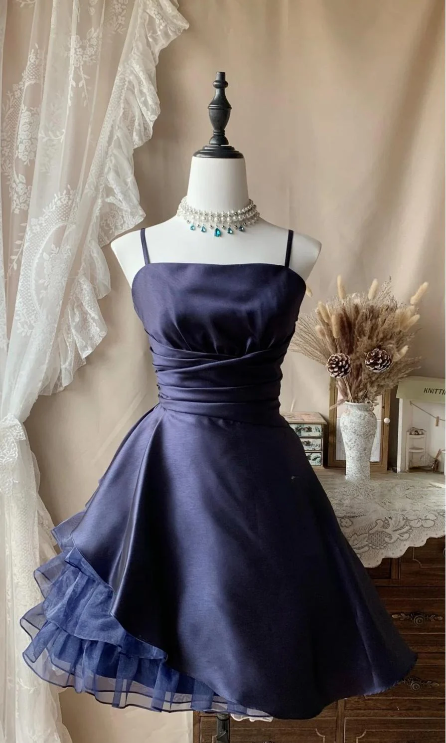 Cute A-Line Short Prom Dresses Spaghetti Straps Satin Birthday Dresses, Navy Blue Homecoming Dresses DP3002 - Deanwangkt