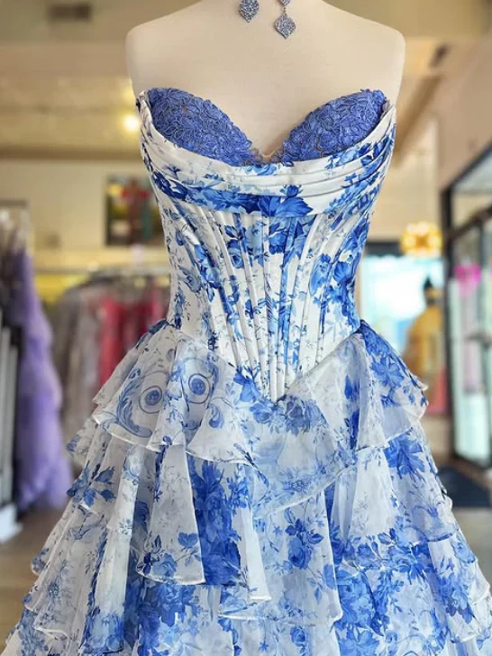 Classy Elegant Ball Gown Floral Blue Print Strapless Long Prom Dress With Chiffon Ruffle Skirt Prom Dresses DP266 - Deanwangkt