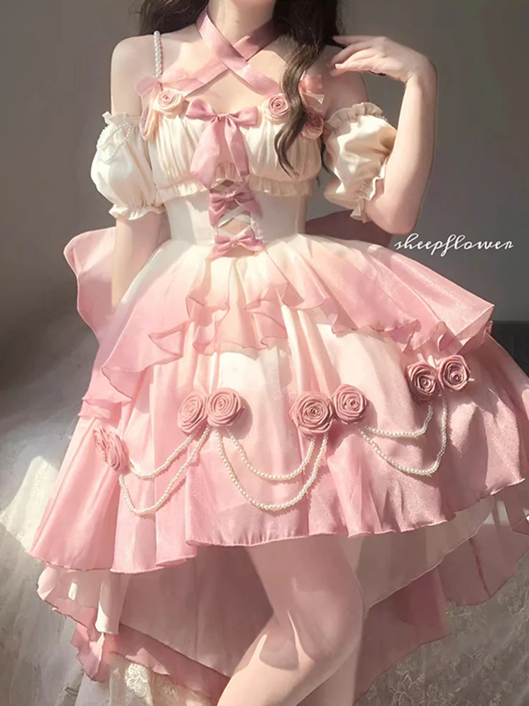 Vintage Ball Gown Halter Short Sleeves 16th Ombre Pink Birthday Dress Lolita Dress Birthday Outfits W1125 - Deanwangkt