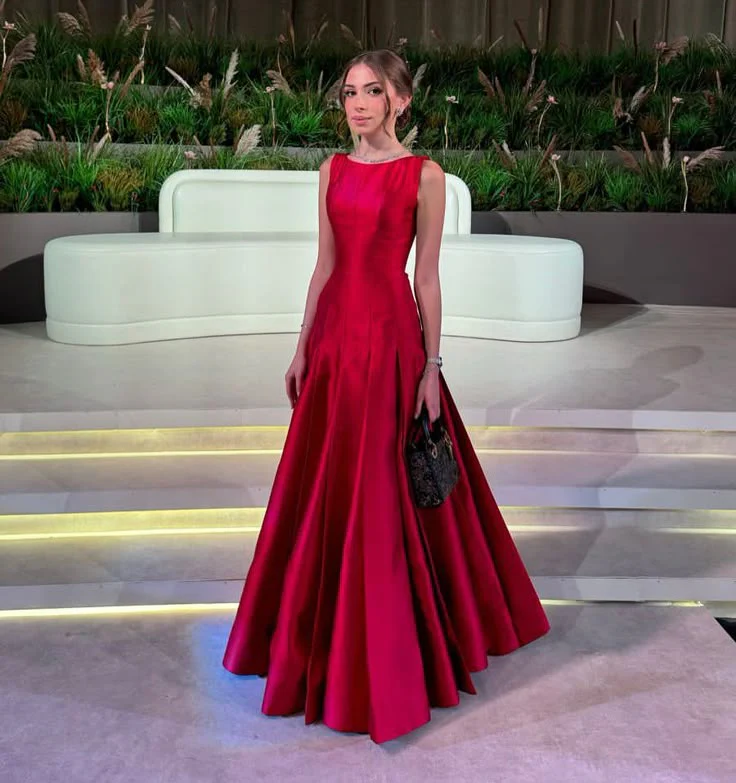 Classy A line Scoop Red Long Satin Formal Prom Gown Summer Wedding Guest Dress Bridal Guest Dresses Wedding Outfits For Guest DH165 - Deanwangkt