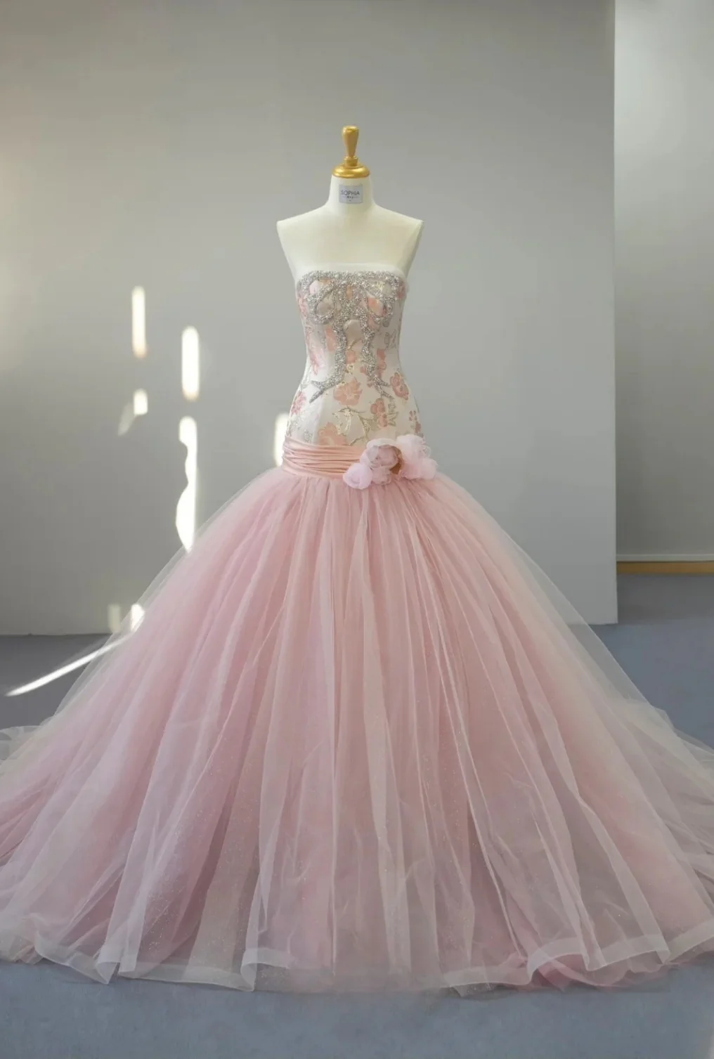 Fairy Strapless Mermaid Long Prom Dresses, Beaded Tulle Pink Evening Gowns DP3221 - Deanwangkt