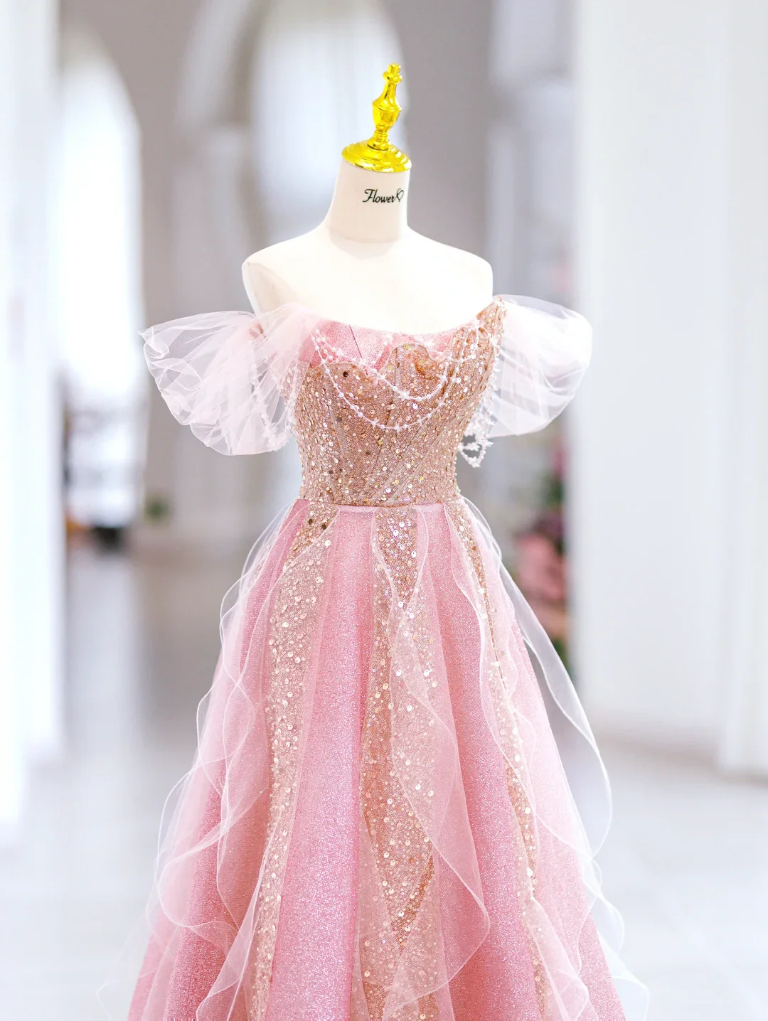 Cute A line Off The Shoulder Sequin Pink Tulle Long Evening Party Gowns Evening Dress Special Formal Dresses Prom Dress DH2798 - Deanwangkt