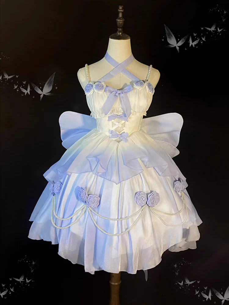 Vintage Ball Gown Spaghetti Straps Short Chiffon Summer 18th Birthday Dress High Low Ombre Blue Lolita Dress Birthday Outfits W1230 - Deanwangkt