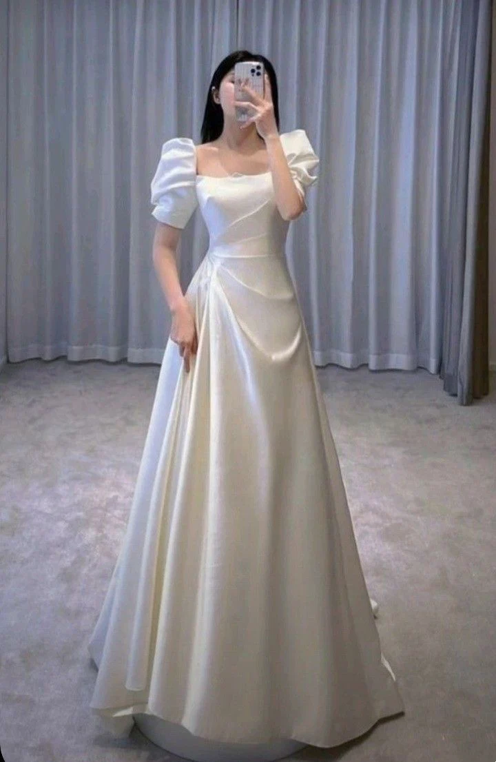 Vintage Wedding Dress A line Square Neck Short Sleeves White Summer Beach Long Wedding Dresses Bridal Gowns W0710 - Deanwangkt