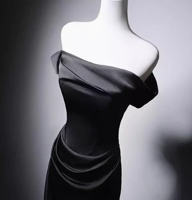 Modest Black Mermaid Evening Gowns Off-the-shoulder Satin Long Prom Dress Elegant 22nd Birthday Dress DH2744 - Deanwangkt