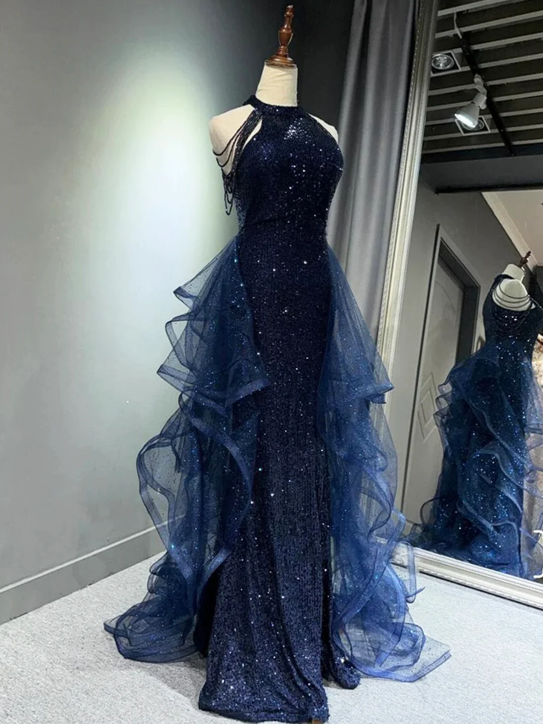 Pretty Navy Blue Sequins Long Prom Party Dress Prom Dress Evening Dresses DP309 - Deanwangkt