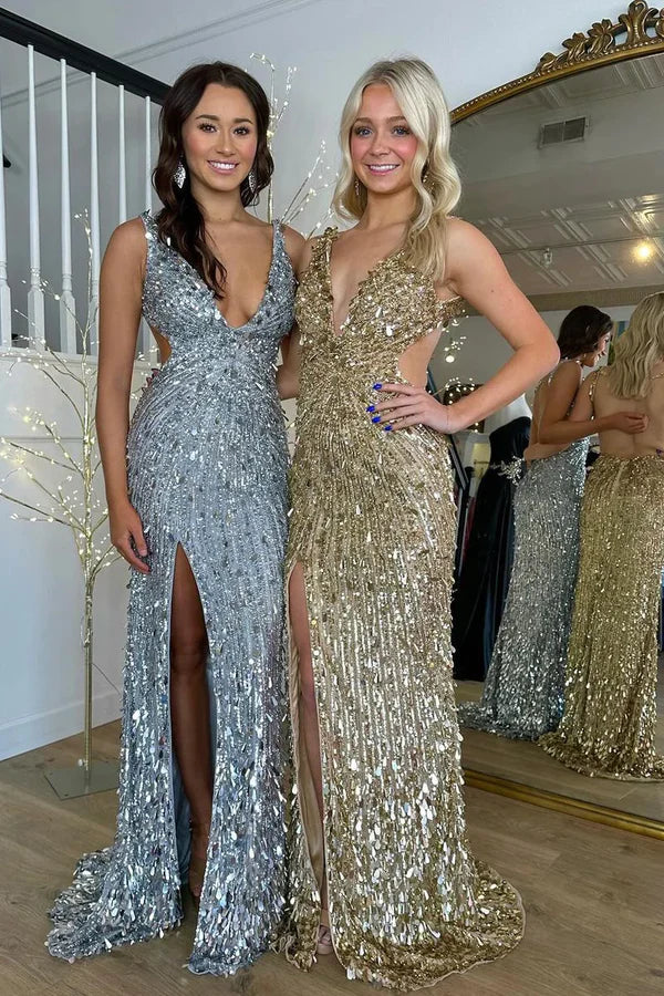 Elegant Gold Sequins Mermaid Long Prom Dresses with Slit Sexy Prom Dress DP249 - Deanwangkt
