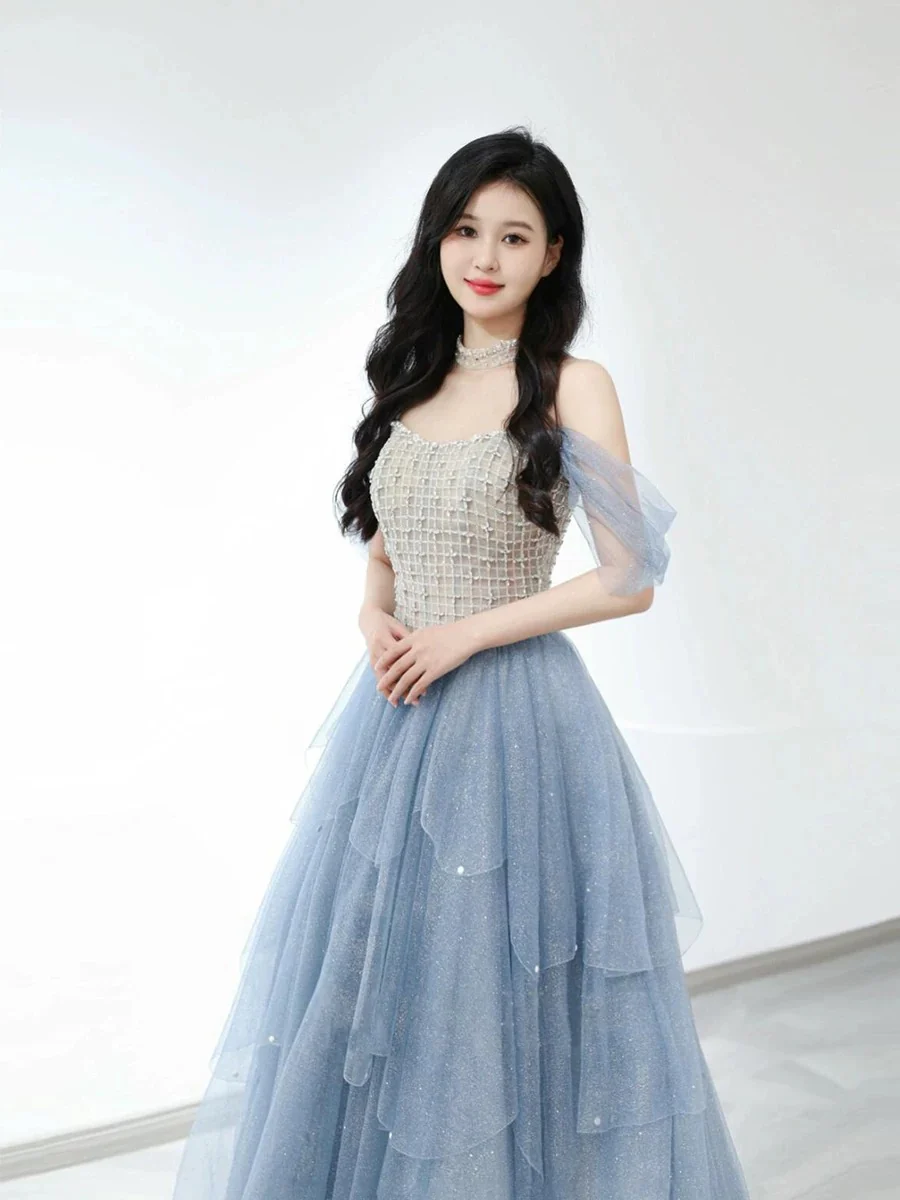 Sexy Ball Gown Off The Shoulder Blue Elegant Tulle Long Prom Dresses H2862 - Deanwangkt