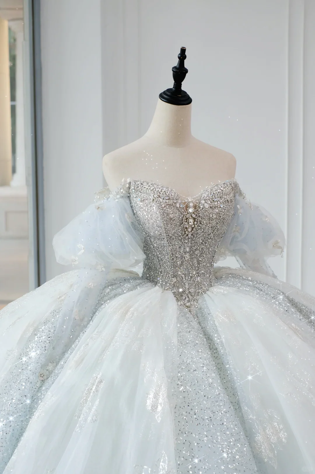 Timeless Bridal Gown Ball Gown Off The Shoulder Light Sky Blue Sequin Long White Wedding Dresses Elegant Bridal Gowns DH889 - Deanwangkt