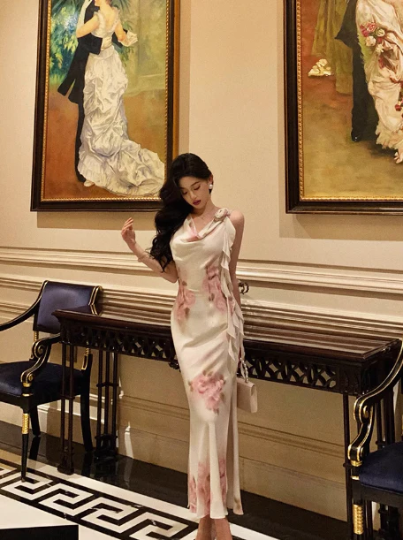 Sexy Sheath Swing Collar Floral Pink 18th Birthday Dress Holiday Party Birthday Outfits For Women DP0163 - Deanwangkt