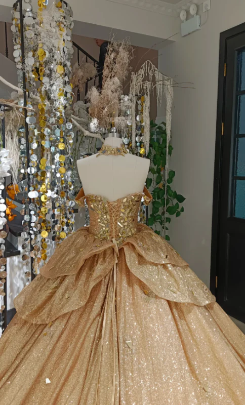 Cute Off-the-shoulder Ball Gown Sequins Long Prom Dresses Gold Quinceanera Dresses estido De 15 Anos Sweet 16 Dress DP3262 - Deanwangkt