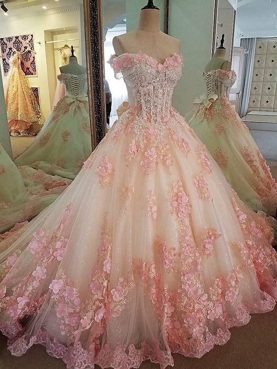 Pretty Ball Gown Off The Shoulder Blush Pink Tulle Long Quinceanera Dress Formal Gowns Vestido De 15 Anos Sweet 16 Dress W0327 - Deanwangkt