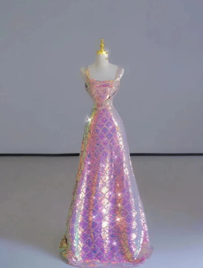 Pretty Sheath Square Neckline Sequin Sleeveless Long Prom Dresses Evening Dresses DP516 - Deanwangkt