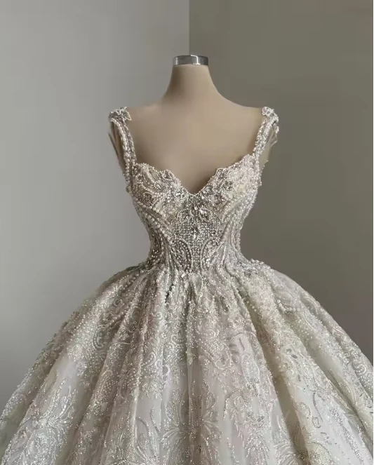 Unique Bridal Gown Ball Gown Straps Neck White Sequin Wedding Dresses Pretty Bridal Gowns DH1222 - Deanwangkt