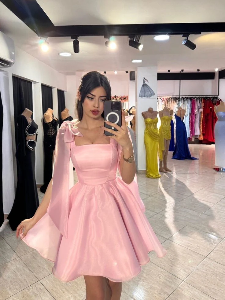 Cute A Line Straps Pink Satin Short Formal 8th Grade Homecoming Dresses Middle School Cocktail Dress Hoco Outfits DH2573 - Deanwangkt