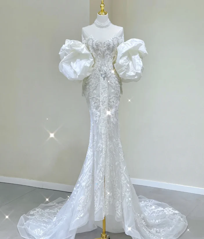 Luxury Mermaid High Neckline Long Sleeves  Lace White Wedding Dresses Brides Dress DP437 - Deanwangkt
